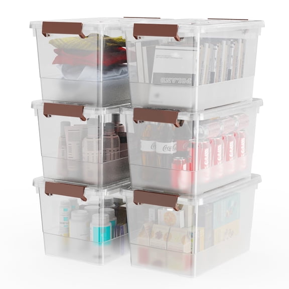 6-Pack Clear 7 Quart Storage Latch Box/Bins, Plastic Stackable Latching Box with Brown Handle and Lid, Multi-Purpose, 7 Litre
