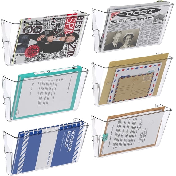 6-Pack Clear Acrylic Wall File Holder - Wall Mount Hanging Pocket Organizer for Mail Magazines Office Home