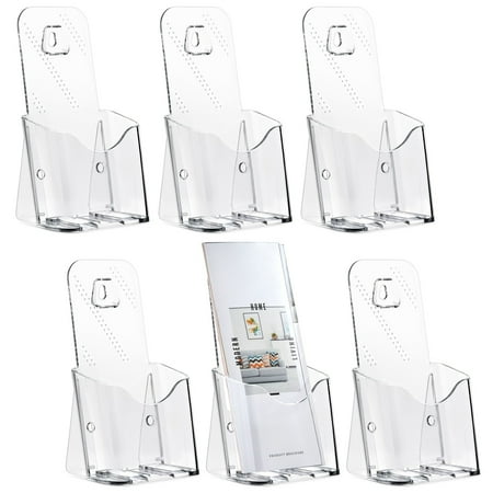 6 Pack Clear Brochure Holder Wall Mount - Pamphlet Display Stand, Mounted Flyer Rack for Menu, Cards, Restaurants, Small Business, Classroom (4x8x3 In)