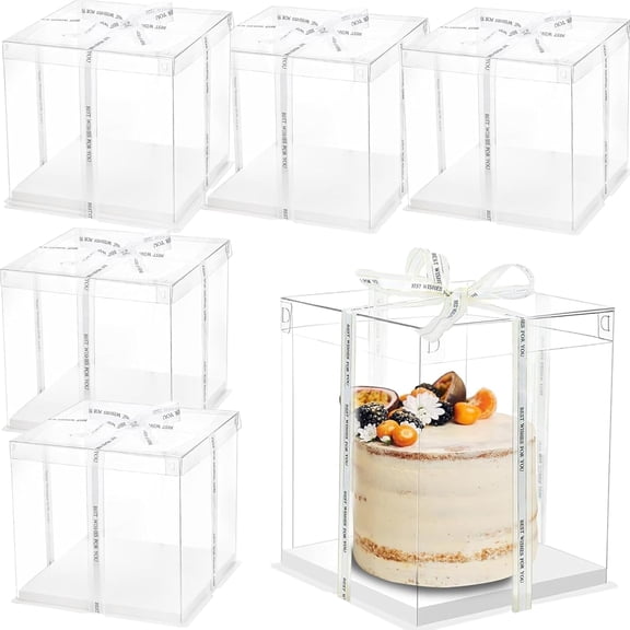 6 Pack Clear Cake Box, 2-Layer Transparent Cakes Box with Ribbon, 10" X 10" X 9" Tall Cake Carrier Boxes with Sturdy Board for Bakery Dessert Bread Pastry Birthday Parties, Wedding Graduation