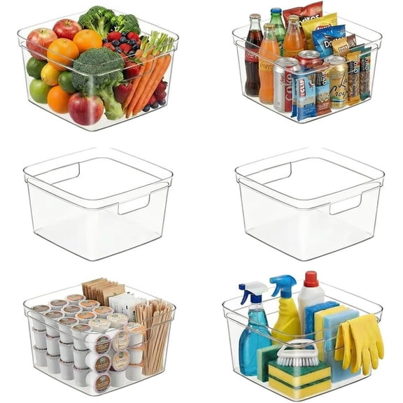 6-Pack Clear Cube Storage Bins,10" x 10" x 6" Open-Top Plastic Organizer Boxes, Square PET Containers for Closet,Pantry,Kitchen,Fridge,Playroom,Bathroom,Undersink and Vanity Organization