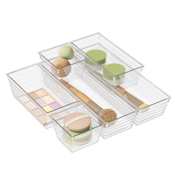6 Pack Clear Drawer Organizer, Acrylic Drawer Storage Trays, Storage Bins for Makeup, Cosmetics, Jewelries, Utensils, Gadgets, Office