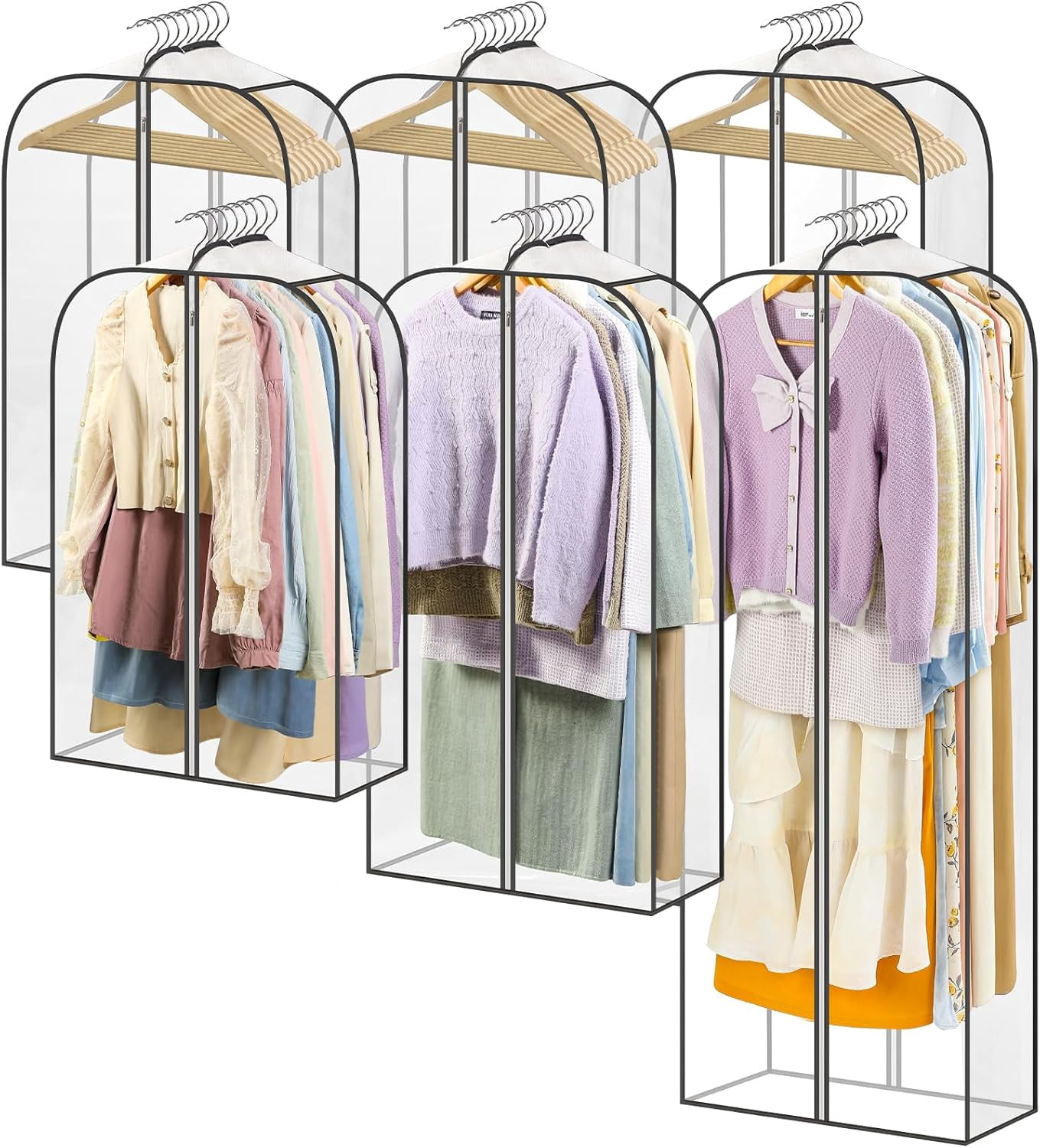 6 Pack Clear Garment Bags for Hanging Clothes with Zippers on Double Sides - 32&40&60" Long Suit Bags - 10'' Clothes Storage for Coat, Dress, and Fur in Closet