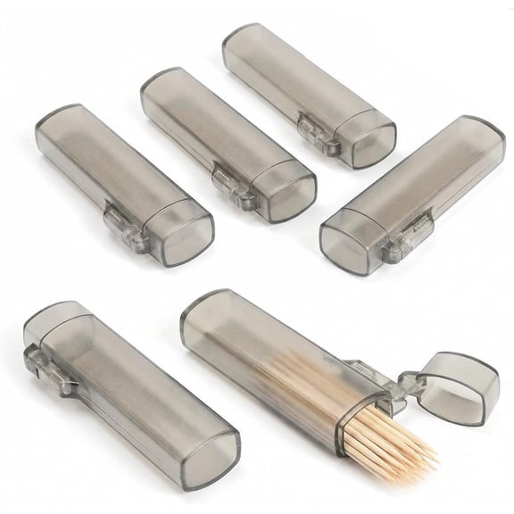 6 Pack Clear Gray Mini Pocket Toothpick Dispenser with Secure Lid, Lightweight Portable Plastic Storage Container, Small Organizer Box for Purse Travel Camping Outdoor Tiny Item Storage