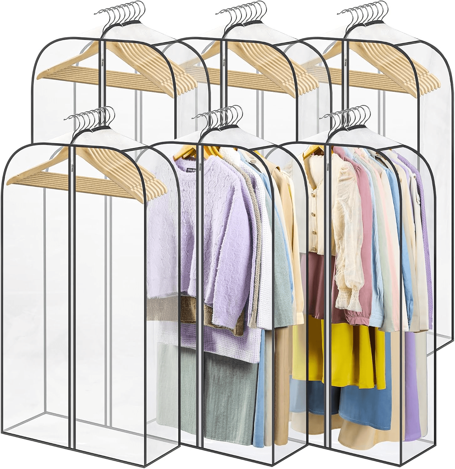 6 Pack Clear Hanging Garment Bags, 40 Inch Dust-Proof Garment Covers With Full Zipper, Transparent Clothes Storage Organizer For Suits, Dresses, Shirts, Closet & Travel