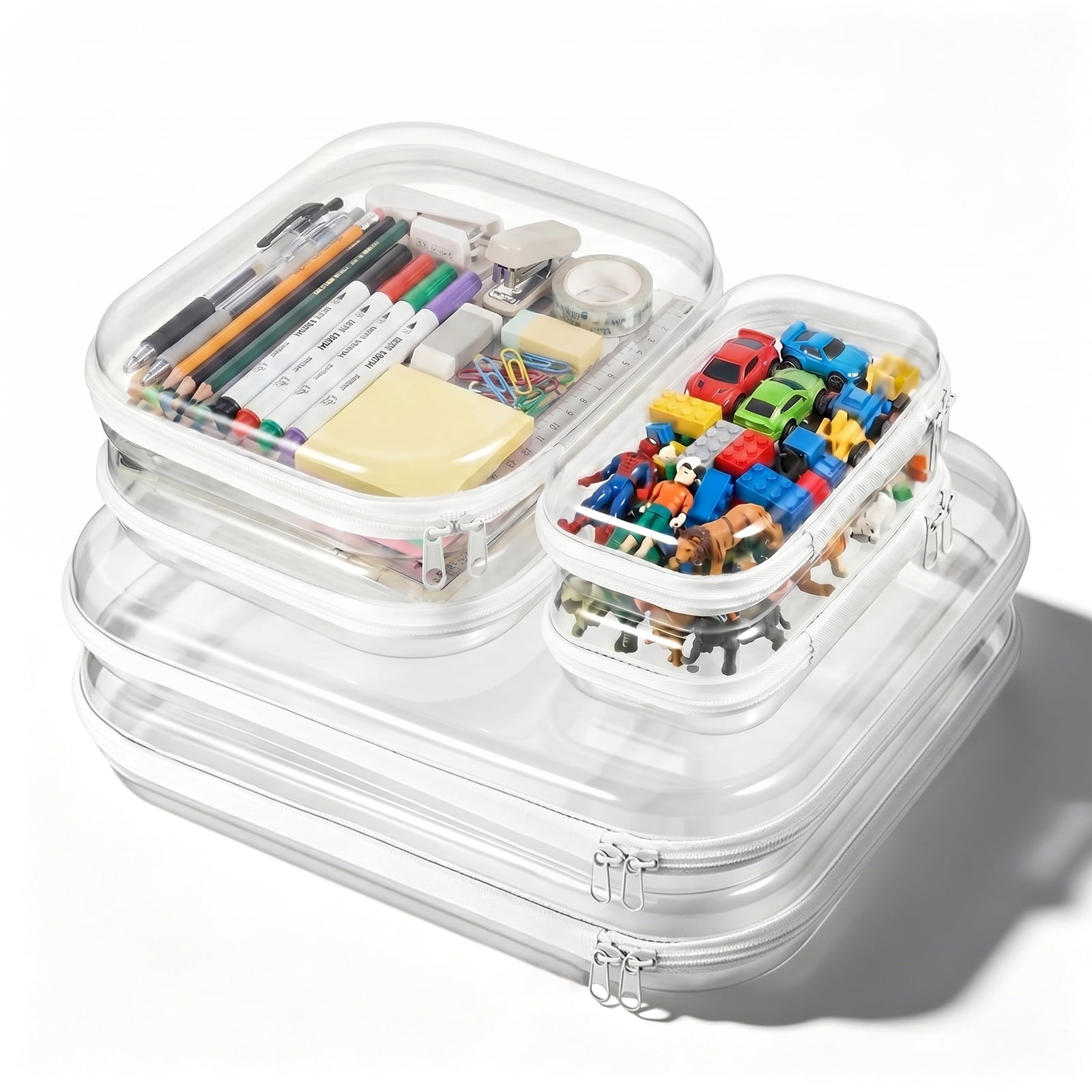6 Pack Clear Hard Shell Zipper Case Set, 1.2mm Heavy Duty Crush-Resistant Organizer Pouches, Travel Storage Bags for Toiletries, Cables and Daily Essentials, 2L 2M 2S