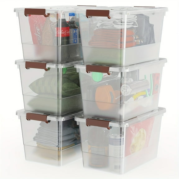 6 Pack Clear Plastic 32-Quart Storage Bin with Lid and Latching Buckles, Stackable Tote Organizing Box with Handle