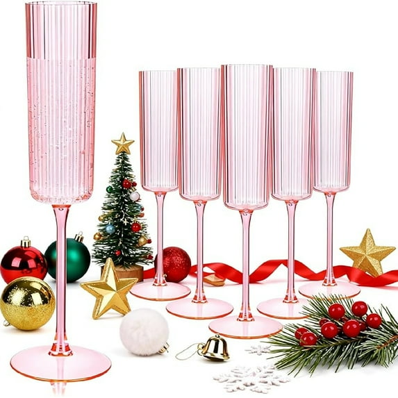 6 Pack Clear Plastic Champagne Flutes - 6oz Ribbed Disposable Champagne Glasses - Clear Vintage Mimosa Glasses with Long Stem - Elegant Sparkling Wine Stemware for Weddings, Parties