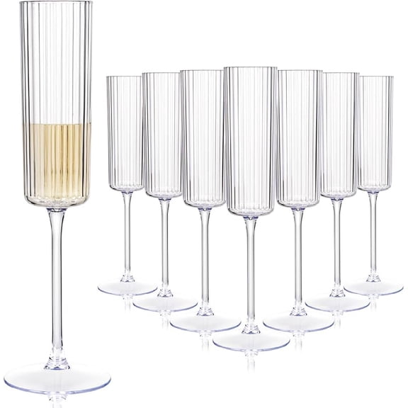 6 Pack Clear Plastic Champagne Flutes - 6oz Ribbed Disposable Champagne Glasses - Clear Vintage Mimosa Glasses with Long Stem - Elegant Sparkling Wine Stemware for Weddings, Parties