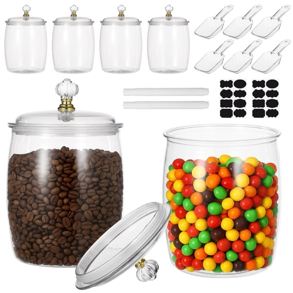 6 Pack Clear Plastic Jars, 74 Oz Candy Cookie Containers With Lids, Decorative Storage Canisters Including Scoops, Labels, Markers For Kitchens, Buffets