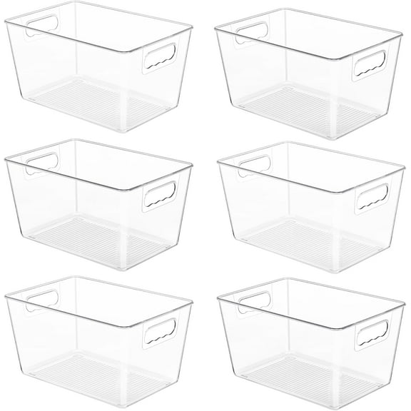 6 Pack Clear Plastic Organizer Bins, Fridge Freezer Storage Boxes with Lids (Handles Included) for Bathroom and Closet