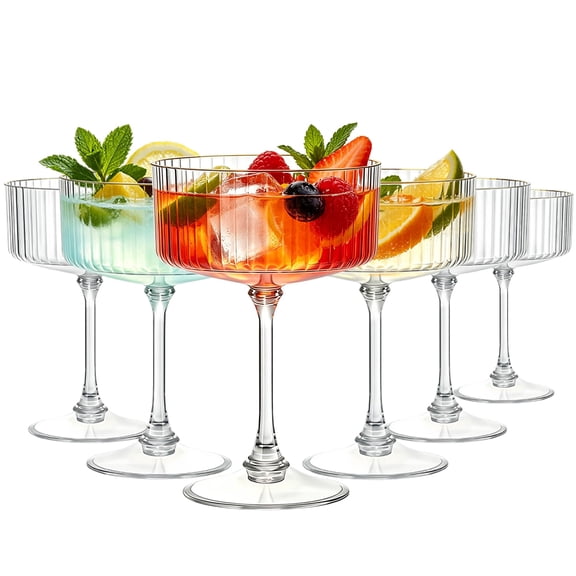6 Pack Clear Plastic Ribbed Martini Glasses, 10 oz Disposable Coupe Glasses, Unbreakable Vintage Party Glassware for Wedding Birthday