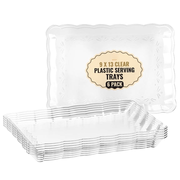 6 Pack Clear Plastic Serving Trays for Party, 9 x 13 Inch - Heavy Duty Plastic Trays for Food - Rectangular Party Serving Trays and Platters - Clear Disposable Trays