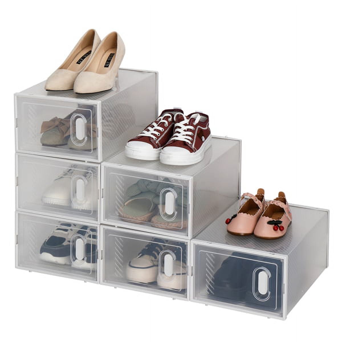 6-Pack Clear Plastic Stackable Shoe Boxes - PS Material, 13.4"x9.1"x5.5" with Clamshell Door for Closet/Entryway, Holds US 5-10 Shoes
