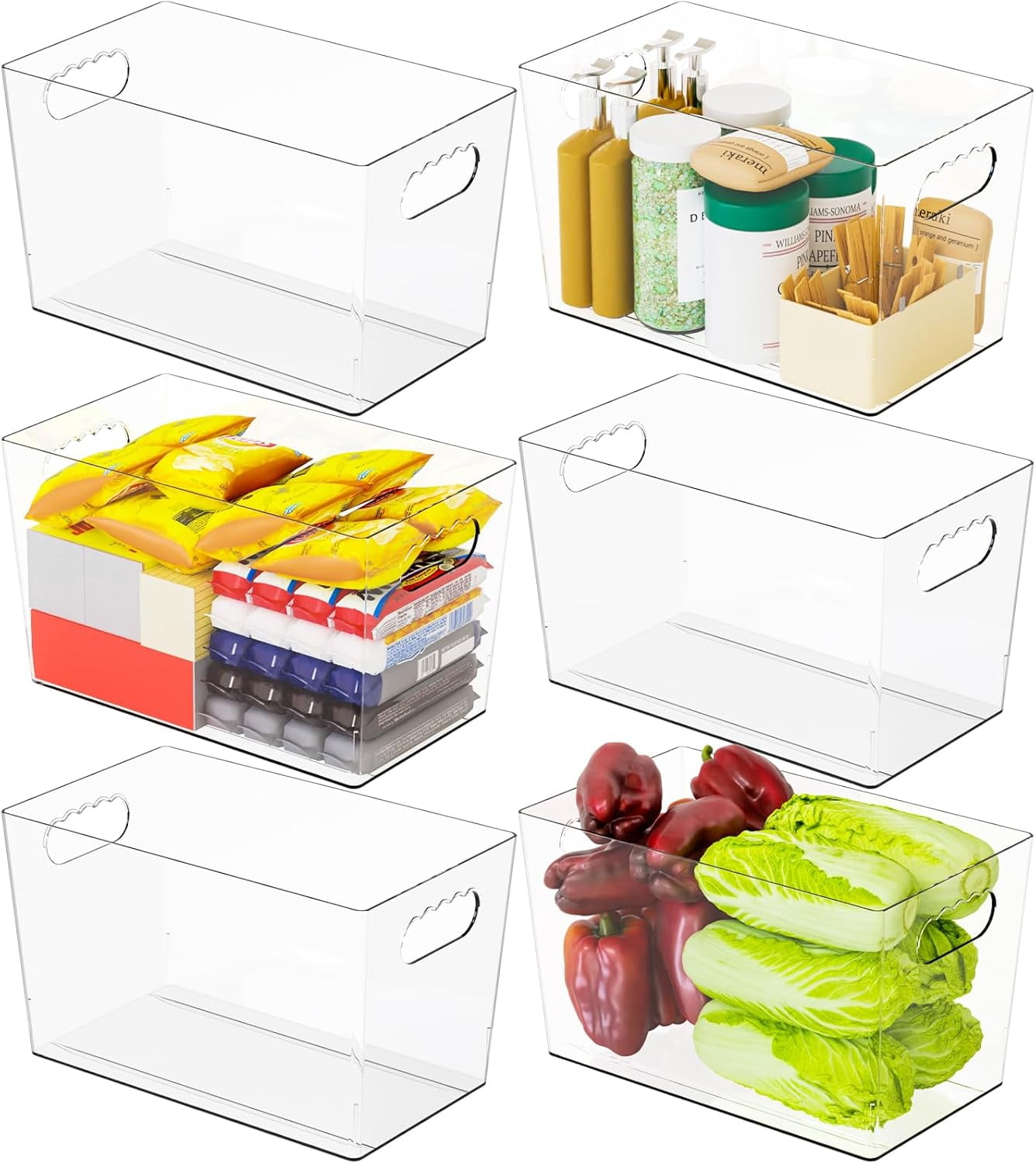 6 PCS Colorful Plastic Storage Bins With Handles - Small Organizer Baskets For Pantry, Fridge, Bathroom & Closet