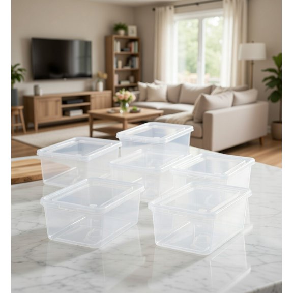 6 Pack Clear Plastic Storage Bins with Lids - Stackable Rectangular Organizing Containers for Closet, Pantry, Garage & Home Storage