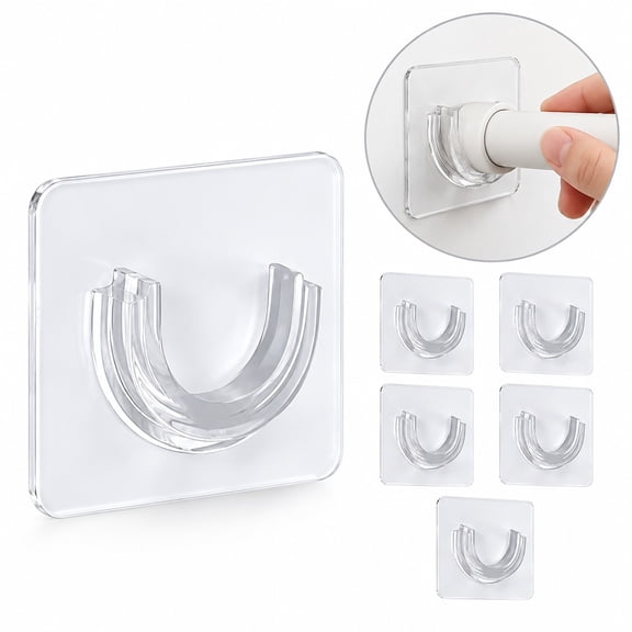 6 Pack Clear Self Adhesive Curtain Rod Holders, 1.65 Inch Diameter No Drill Curtain Rod Brackets, Heavy Duty Wall Mount Curtain Rod Hooks for Window, Bathroom, Kitchen