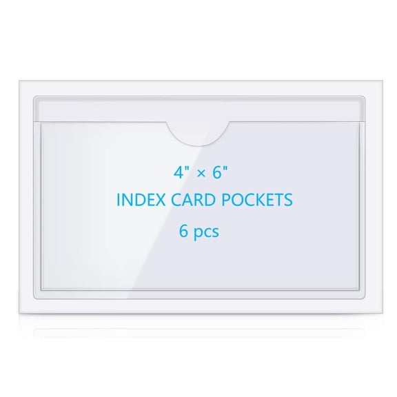 6 Pack Clear Self-Adhesive Pockets, 4" x 6" Index Card Pockets with Top Open Loading, Pvc Label Holders for Organizing Storage Bins, Library Card, Drawer, and Protecting Your Cards