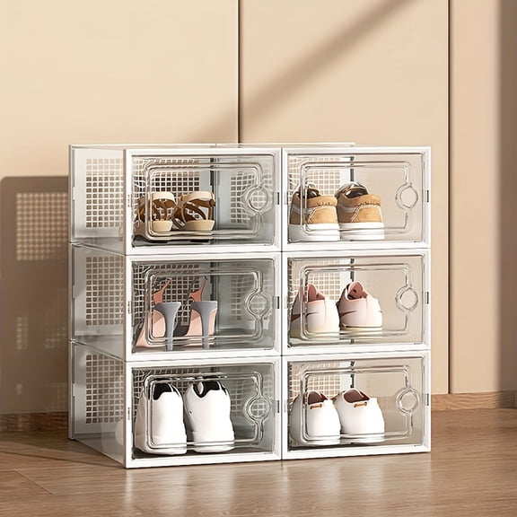 6 Pack Clear Shoe Boxes with Lids - Thick Stackable Plastic Sneaker Storage Bins, Foldable Shoe Display Case for Entryway Closet Bedroom Dorm, Space Saving Organizer