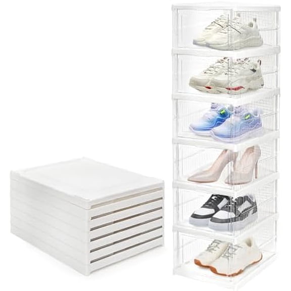 6 Pack Clear Shoe Boxes Stackable, Drop Front Shoe Storage Box, No Assembly Plastic Shoe Organizer Storage Bin with Door, Free Standing Shoe Shelf Cabinet with Lid for Size 13, 13.6"x10"x7.9"