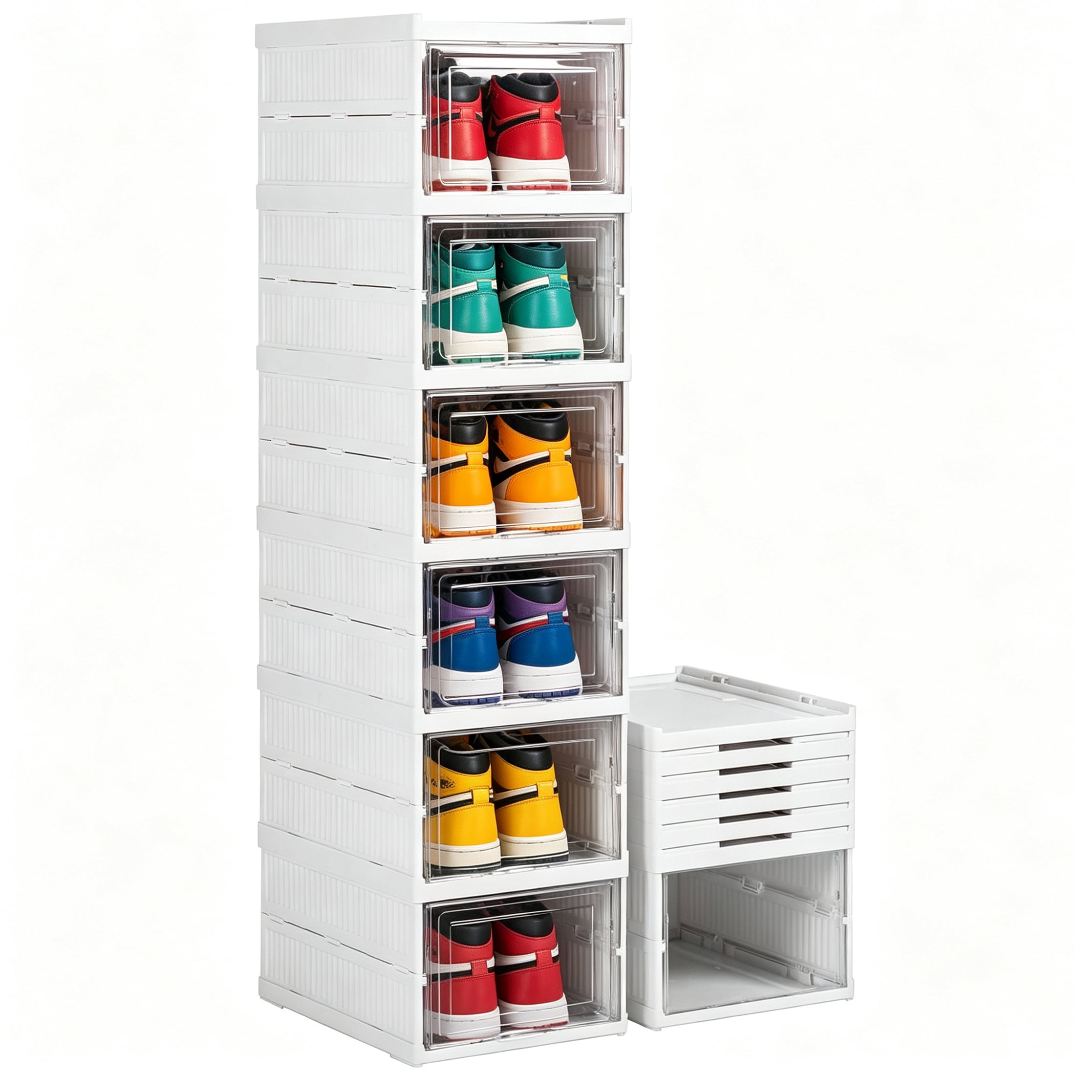 GARITIN Shoe Storage Box, 6 Tier Foldable No Assembly Clear Door Stackable Plastic Shoe Organizer