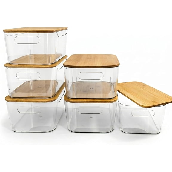 6 Pack Clear Stackable Storage Bins with Bamboo Lids, 3.7L BPA-Free Plastic Organizer Containers with Handles, for Pantry, Kitchen, Fridge, Bathroom, Cabinet & Closet Organization