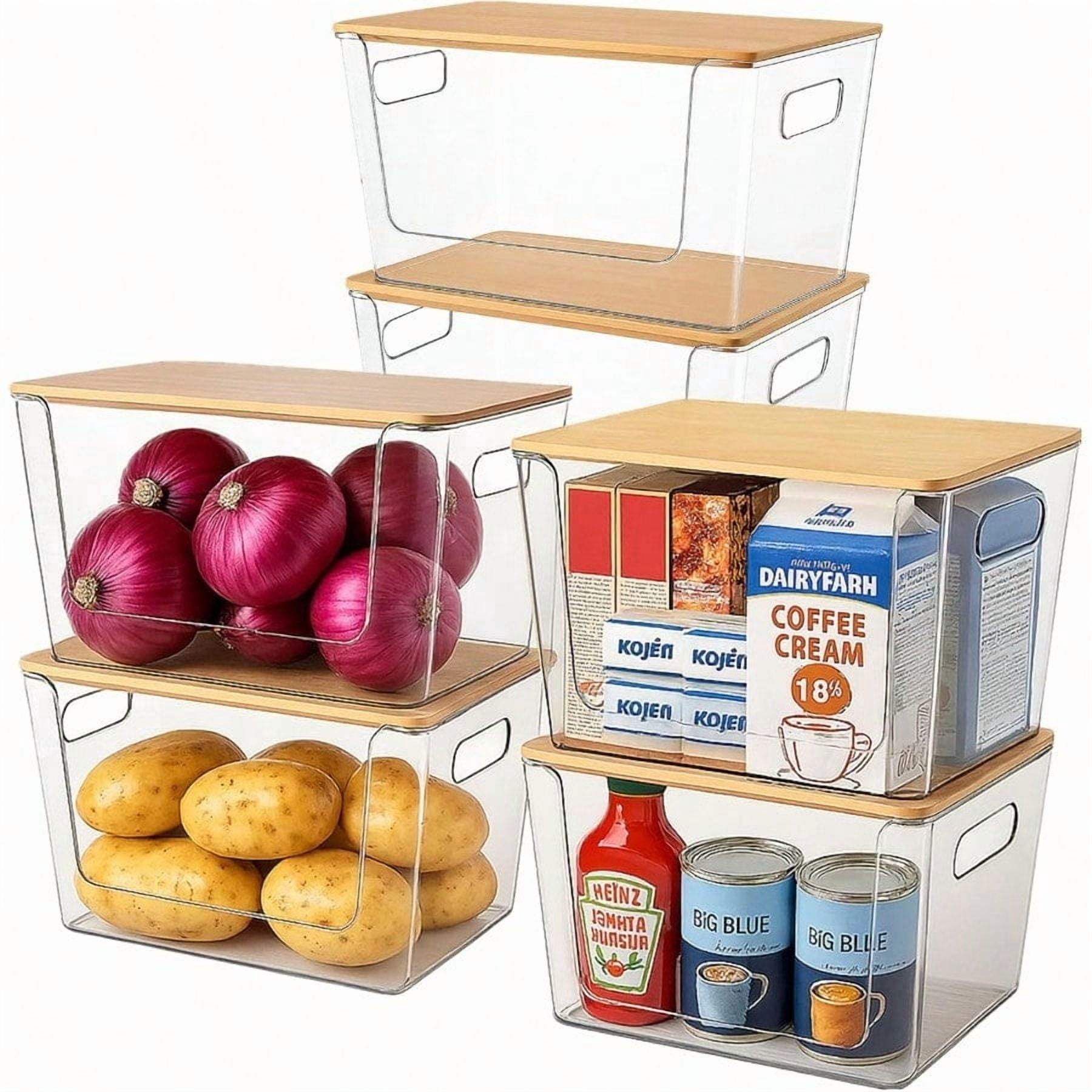 6 Pack Clear Stackable Storage Bins With Bamboo Lids Plastic Storage ...