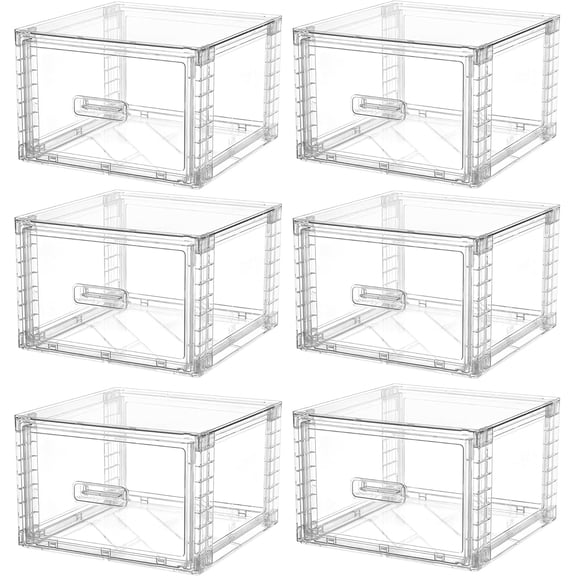 6 Pack Clear Stackable Storage Bins, Easily Assemble Bathroom Organizers,Plastic Storage Bins for Kitchen Pantry,Under Sink Organization(Medium)
