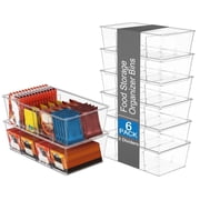 6 Pack Food Storage Organizer Bins, Clear Plastic Bins for Pantry, Kitchen, Fridge, and Cabinet Organization and Storage, 4-Compartment Holder for Packets, Snacks, Tea Bags and Spice Packets