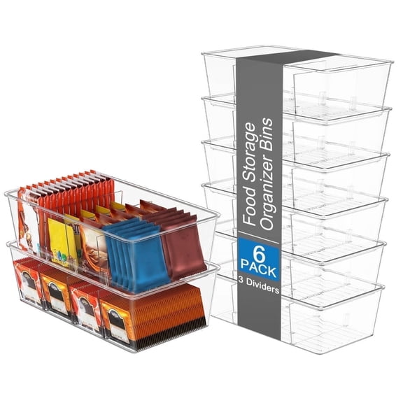 Homtell 6 Pack Clear Plastic 4-Compartment Food Storage Bins, Pantry Organizer for Snacks, Fruits, Vegetables, Tea Bags and Spice Packets