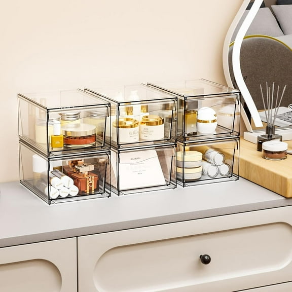 6 Pack Clear Stackable Storage Drawers, Acrylic Cosmetic & Medicine Organizer, Pull Out Plastic Bins for Vanity, Desk, Bathroom