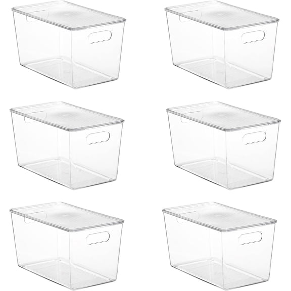 6 Pack Clear Stackable XL Plastic Storage Bins with Lids and Handles for Pantry Kitchen Fridge Cabinet Closet Bathroom Organization