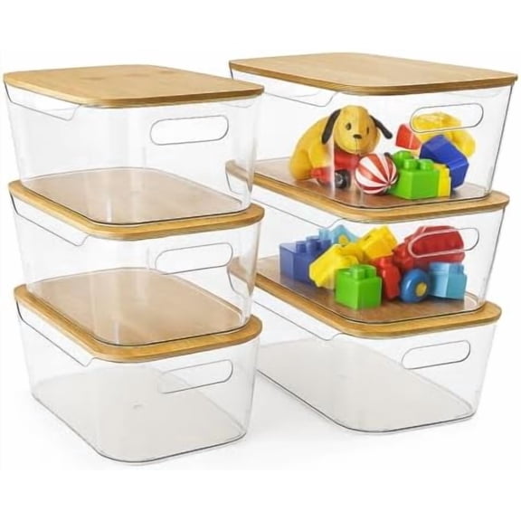 6 Pack Clear Storage Bins with Bamboo Lids, Stackable Organization and Storage Containers with Handle for Pantry, Cabinet, Closet, Fridge, Bathroom, Organizer Bins for Home & Kitchen