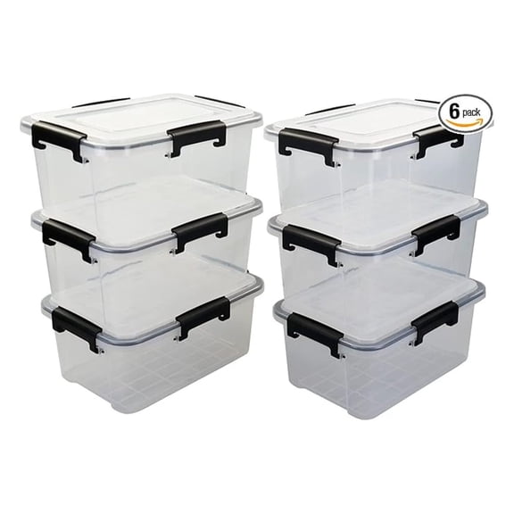 6-Pack Clear Storage Box with Gasket Seal Lid, 12 Quart Plastic Gasket Box with Tight and Seal, Stackable Nestable Tote Tub