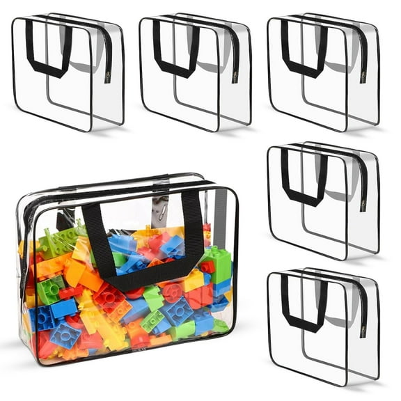 6 Pack Clear Toiletry Storage Bags, PVC Plastic Zipper Pouches with Handle, Waterproof Transparent Makeup Organizer Bag for Board Game Puzzle Book Building Blocks