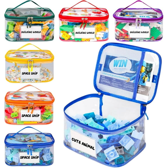 6 Pack Clear Toy Storage Bag with Name Tag& Manual Pocket, Waterproof Transparent PVC Toy Organizer Case for Lego Bricks, Board Games, Building Blocks, Puzzles (Large Capacity, Colorful)
