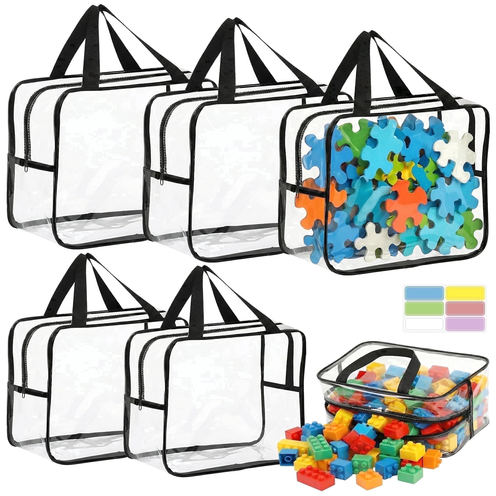 6 Pack Clear Toy Storage Bags with Carry Handles, 2 Sizes Zippered Storage Organizer Bins for Legos Puzzles Board Games, Playroom Storage Organizers.