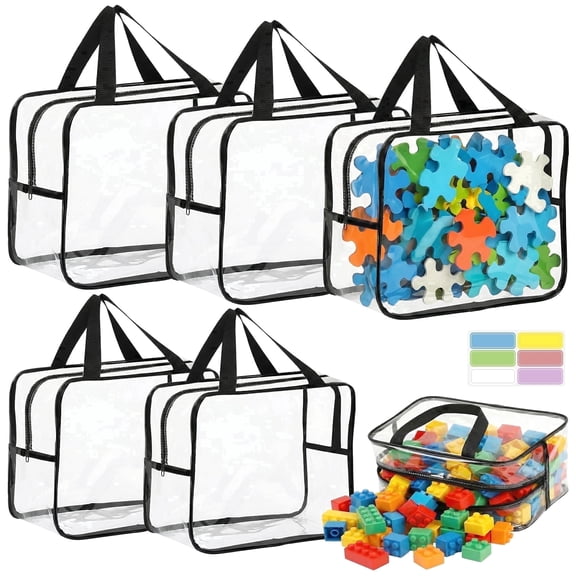 6 Pack Clear Toy Storage Bags with Carry Handles, 2 Sizes Zippered Storage Organizer Bins for Legos Puzzles Board Games, Playroom Storage Organizers.