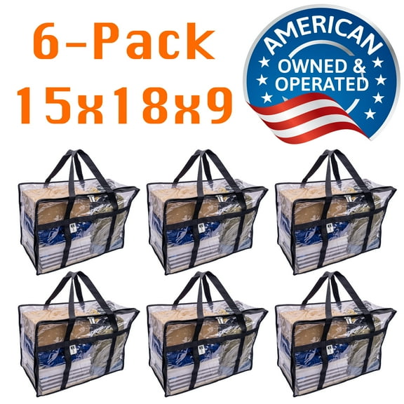 6 Pack Clear Vinyl Moving Bags 15 x 18 x 9" with Heavy Duty Dual Zipper, Handles and ID Insert Pocket for Storage or Organization of College Books, Work Uniforms, Sweaters, Blankets, Comforters