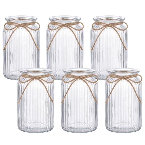 6 Pack Clear Wide Mouth Mason Jar Vases with Twine, Vintage Farmhouse Rustic Glass Flower Centerpiece Jars for Wedding, Baby Shower, Party Table Decor & Home Floral Arrangement