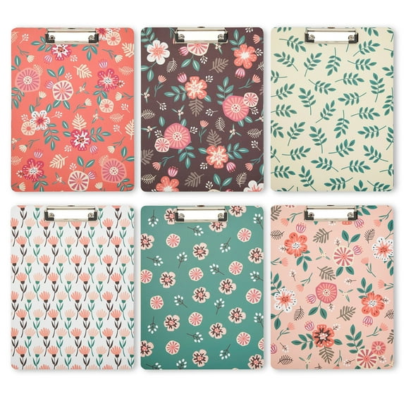 6 Pack Clipboards with Low Profile Clip and Hook, Letter Size Paper Storage, 6 Floral Designs, 9x12 in