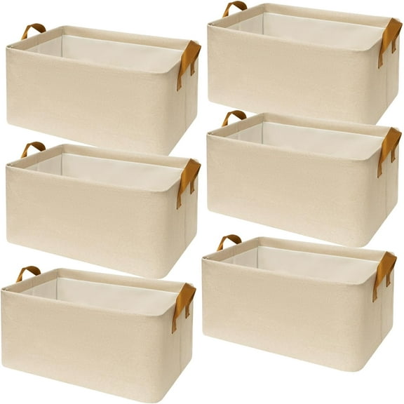 6 Pack Closet Cloth Storage Bins for Shelves,Large Storage Baskets for Shelves, Fabric Bins for Closet organization with Handles（ Beige 17''L x 12.6''W x 7.5''H）