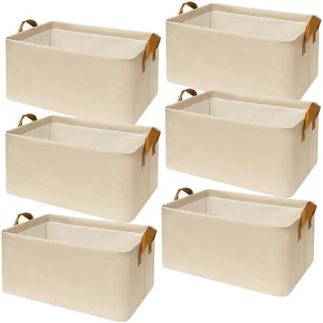 6 Pack Closet Cloth Storage Bins for Shelves, Medium Storage Baskets for Shelves, Fabric Bins for Closet organization with Handles（ Beige 15''L x 10''W x 8''H）