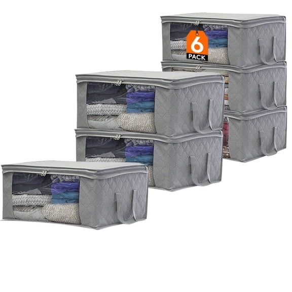 6 Pack, Closet Organization Systems, Storage Bins with Lids, Blanket Storage with Clear Window, Closet Storage with Reinforced Handles for Clothing, Bedding