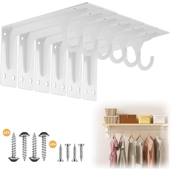 6 Pack Closet Rod Support Bracket Heavy Duty 11 x 4.8 Inch 300 lbs Capacity | Carbon Steel Wall Mounted L-Shaped Shelf Brackets with Rod Holders for Laundry Room, Kitchen Organization
