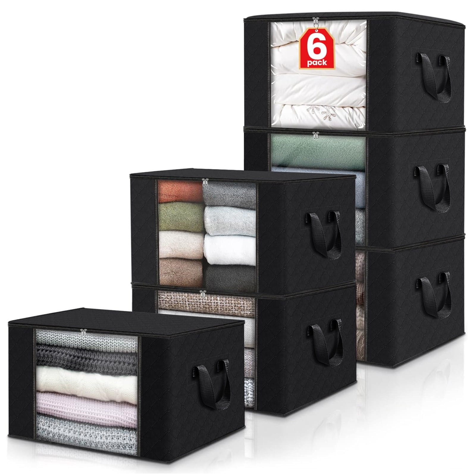 6 Pack Closet Storage Bags Organizers, Large Clothing Storage Bags with Reinforced Handle, Foldable Clothes Storage Bags Closet Organizers, Blanket Storage Bags for Bedding, Clothes-Black