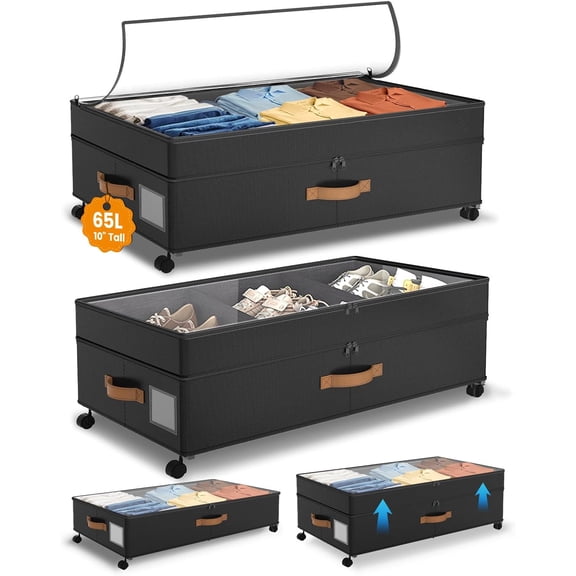 Under Bed Storage with Wheels 2-Pack, 65L XXL Under the Bed Storage Containers Large, 10" Tall Adjustable Storage for Underbed with Lids, Rolling for Shoes, Clothes, Blankets (Black)
