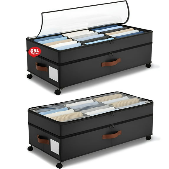 Under Bed Storage with Wheels 2-Pack, 65L XXL Under the Bed Storage Containers Large, 12" Tall Adjustable Storage for Underbed with Lids, Rolling for Shoes, Clothes, Blankets (Black)