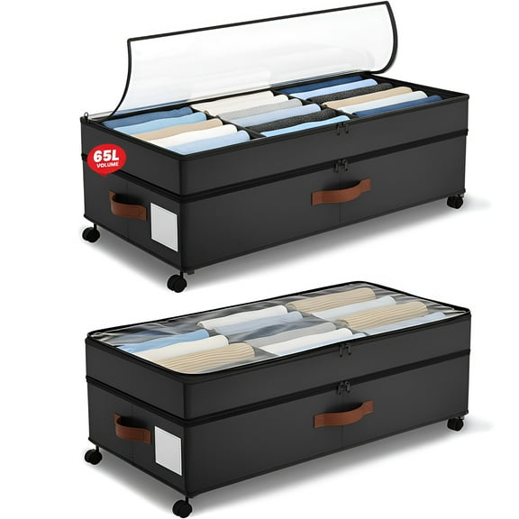 Under Bed Storage with Wheels 2-Pack, 65L XXL Under the Bed Storage Containers Large, 12" Tall Adjustable Storage for Underbed with Lids, Rolling for Shoes, Clothes, Blankets (Black)