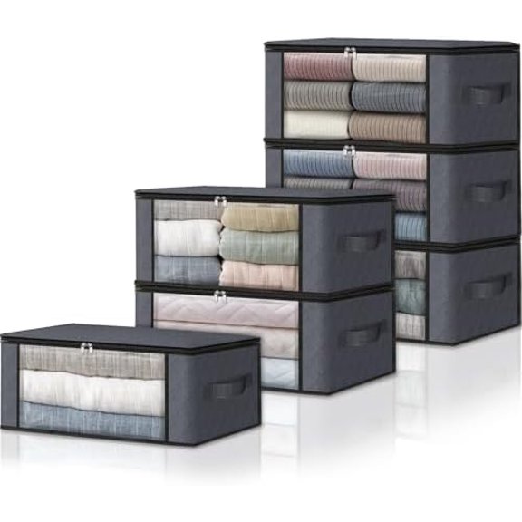 6-Pack Clothes Organizer Storage Bags Foldable Storage Box with Large Clear Window Sturdy Handles for Closet, Dorm, Pillows, Bedding, Clothes, Stuffed Toys, Blankets, 35L, Grey
